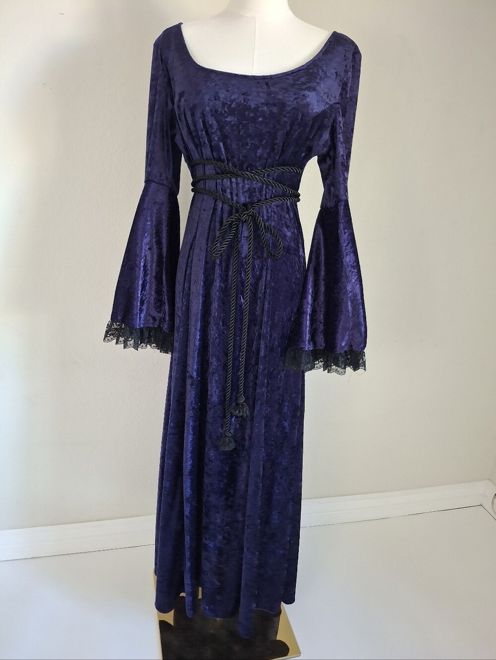 Eternal NYC Purple Crushed Velvet Goth Bell Sleeve Tie Waist Costume Maxi Dress